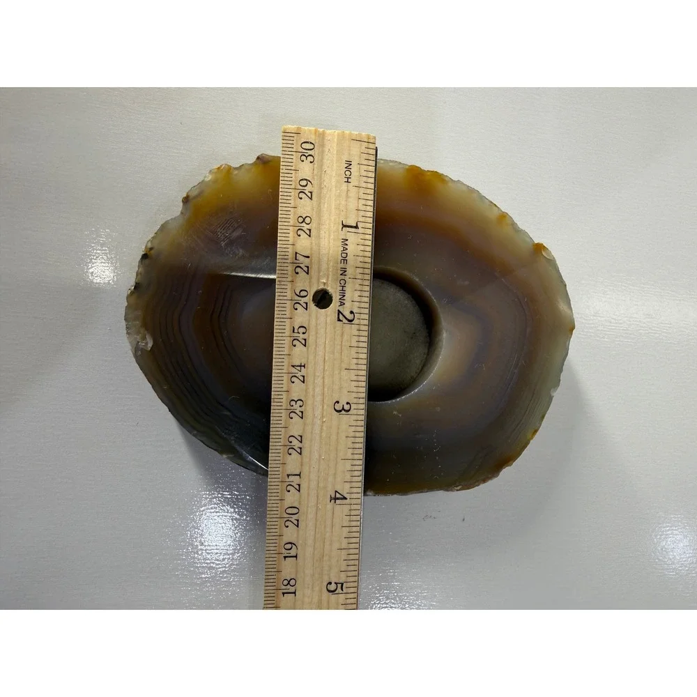 Natural Agate Geode Slice Tea Light Candle Holder Brown Banded Stone Decor